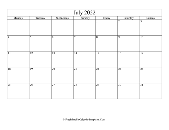 Blank Editable July Calendar 2022 (Landscape)