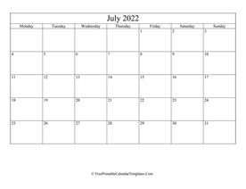 blank and editable july calendar 2022 in landscape layout