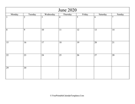 2020 june calendar printable layout