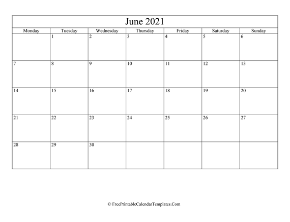 Blank Editable June Calendar 2021 (Landscape)
