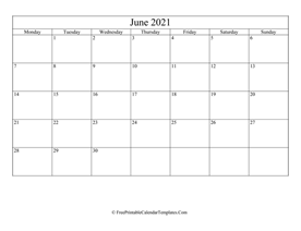 2021 june calendar week numbers layout