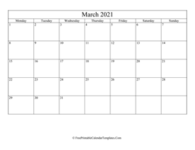 blank and editable march calendar 2021 in landscape layout