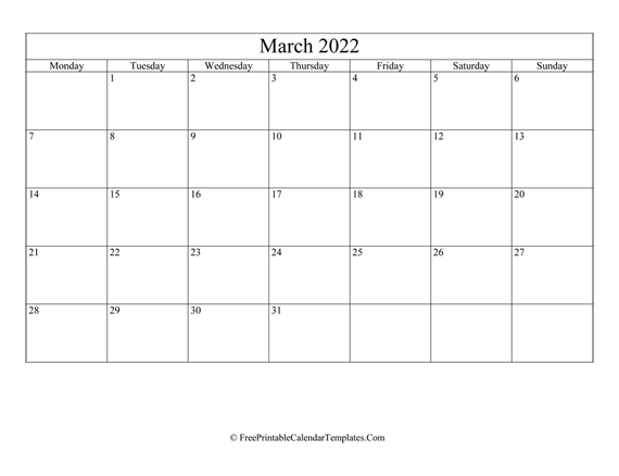 Blank Editable March Calendar 2022 (Landscape)