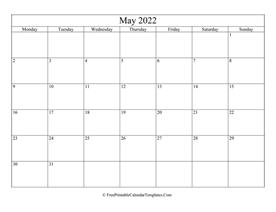 blank and editable may calendar 2022 in landscape layout