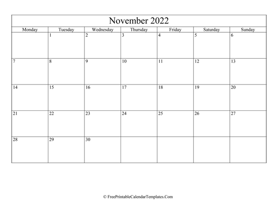 Blank Editable November Calendar 2022 (Landscape)
