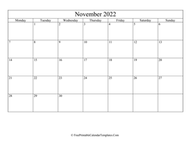 blank and editable november calendar 2022 in landscape layout