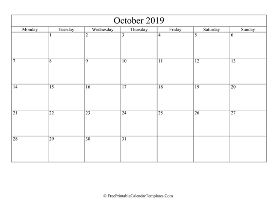 Blank Editable October Calendar 2019 (Landscape)