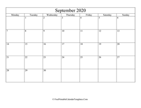 blank and editable september calendar 2020 in landscape layout