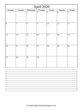 calendar april 2020 with notes