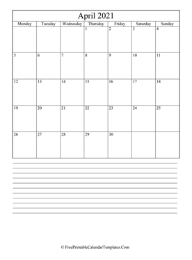 calendar april 2021 with notes