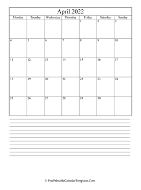 calendar april 2022 with notes