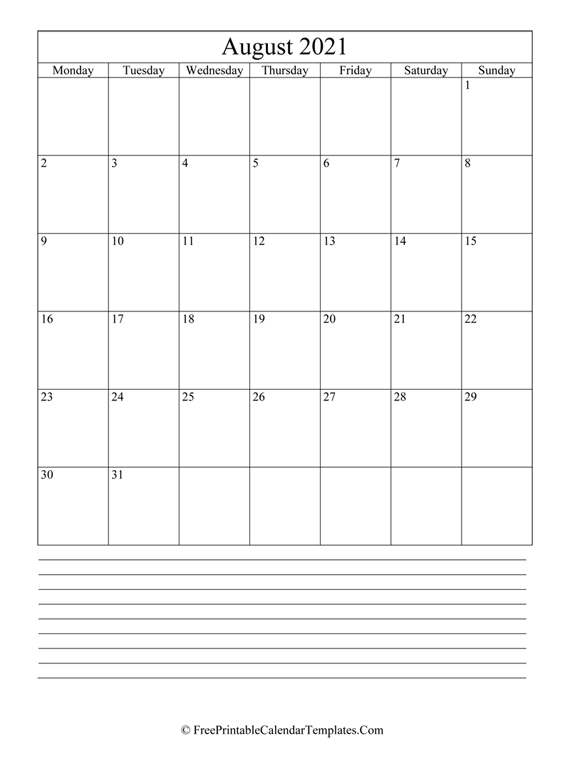 Calendar August 2021 with Notes (vertical)
