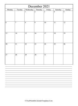 calendar december 2021 with notes
