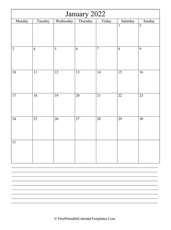 Calendar January 2022 with Notes (vertical)