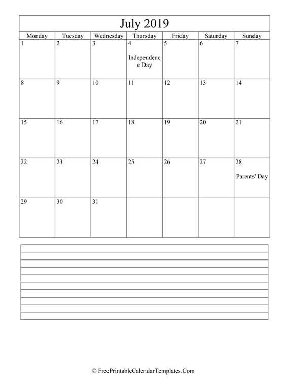 Calendar July 2019 with Notes (vertical)