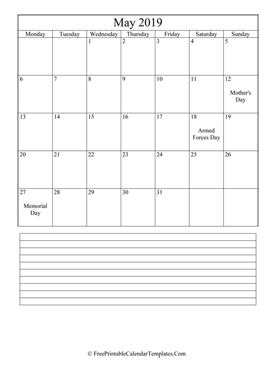 calendar may 2019 with notes