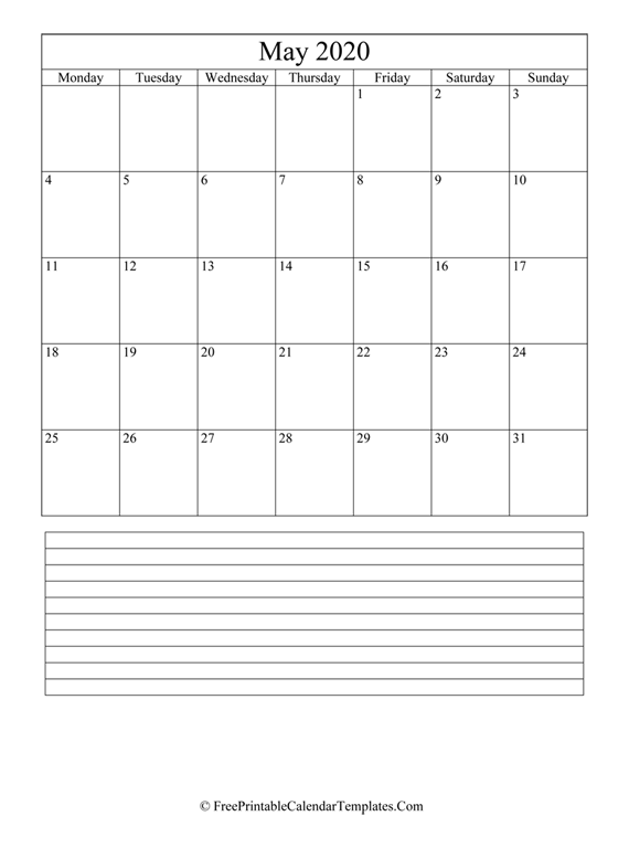 Calendar May 2020 with Notes (vertical)