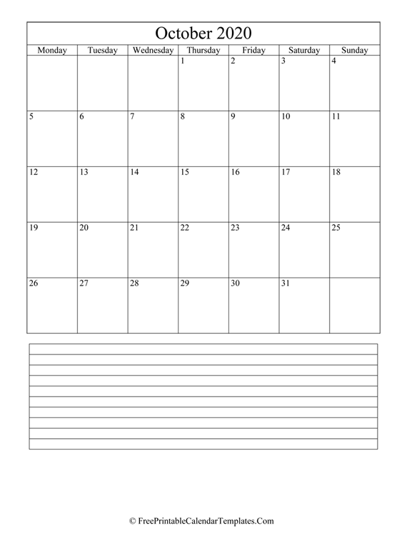 Calendar October 2020 with Notes (vertical)