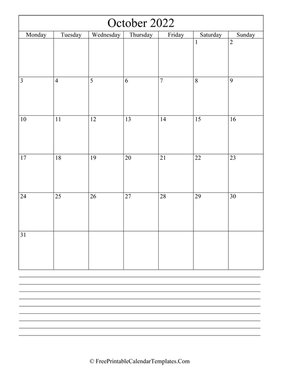 Calendar October 2022 with Notes (vertical)