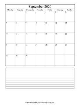 calendar september 2020 with notes