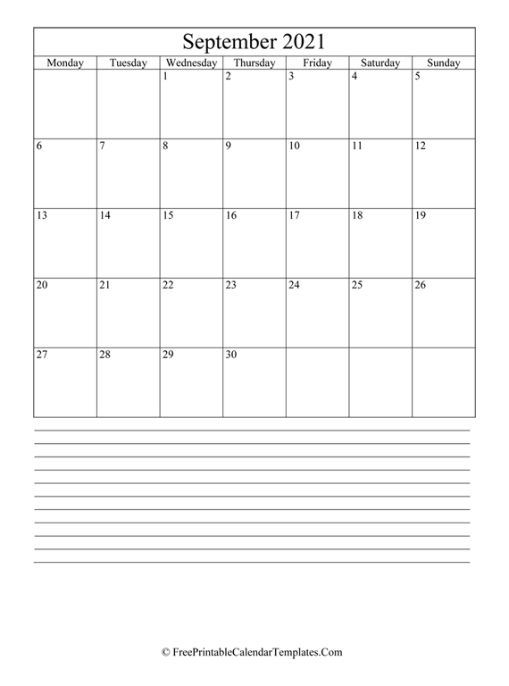 Calendar September 2021 with Notes (vertical)
