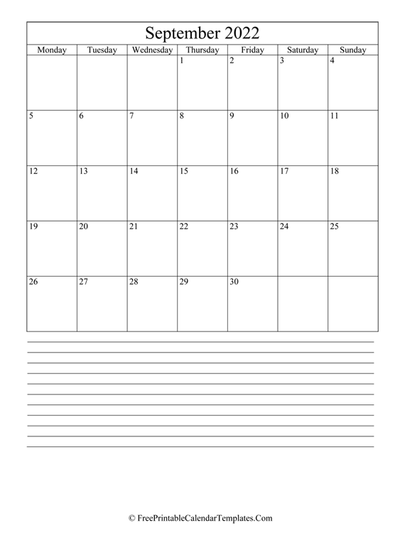 Calendar September 2022 with Notes (vertical)