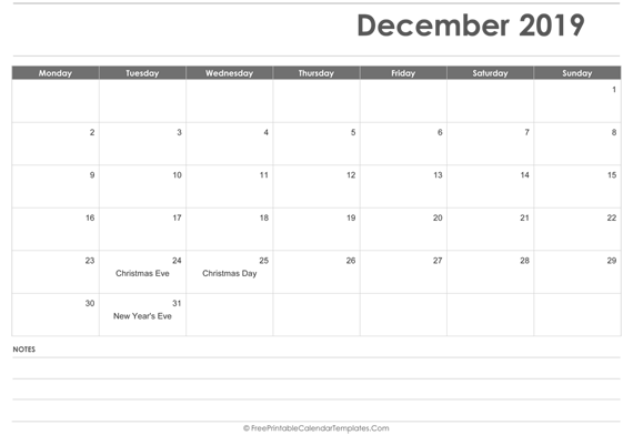 December 2019  Calendar Printable with Holidays