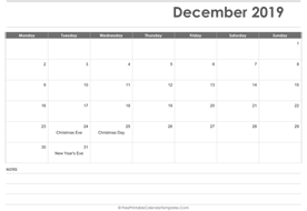 printable calendar december 2019 layout