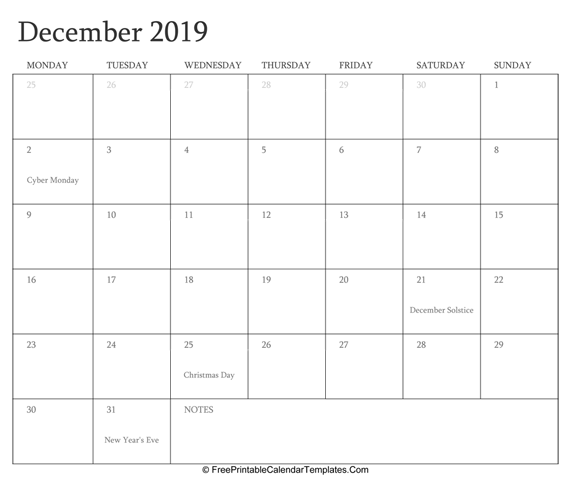 December 2019 Editable Calendar with Holidays and Notes