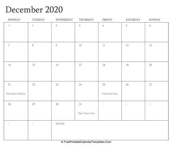 December 2020 Editable Calendar with Holidays and Notes