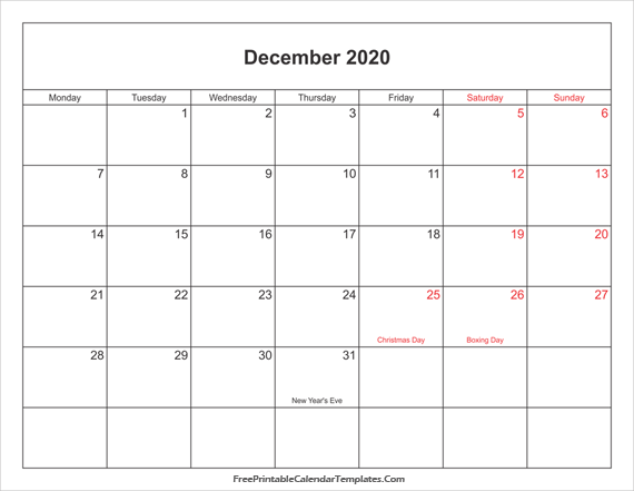 December 2020 UK Calendar landscape