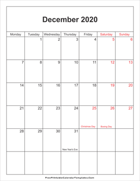 December 2020 UK Calendar portrait