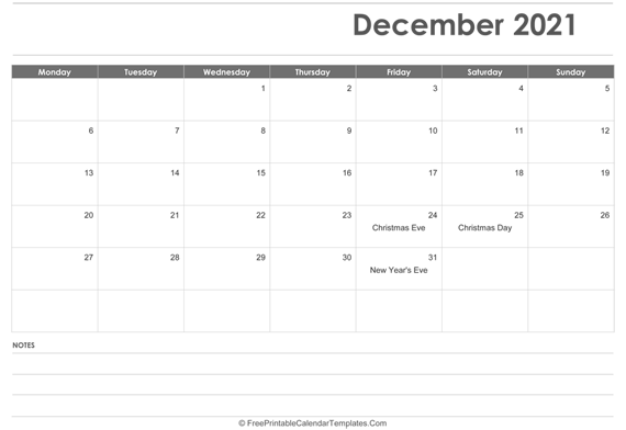 December 2021  Calendar Printable with Holidays