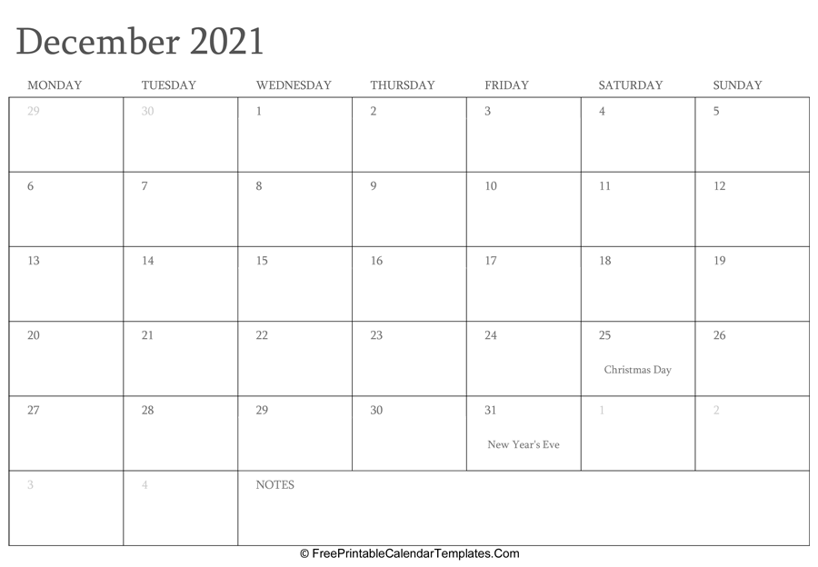 December 2021 Editable Calendar with Holidays and Notes