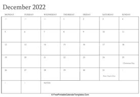 december 2022 editable calendar holidays notes