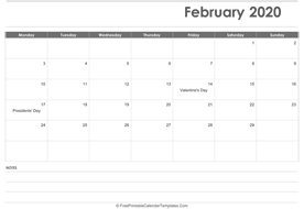 printable calendar february 2020 layout