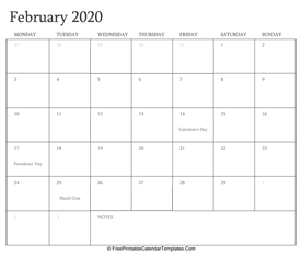 february 2020 editable calendar with holidays and notes