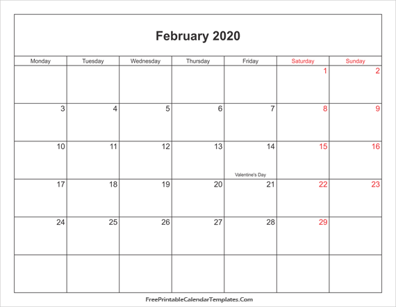 February 2020 UK Calendar landscape