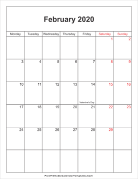 February 2020 UK Calendar portrait
