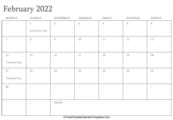 February 2022 Editable Calendar with Holidays and Notes