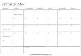 february 2022 editable calendar with holidays and notes