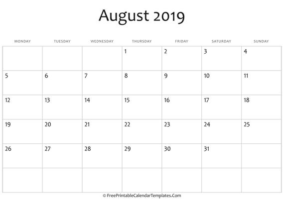Fillable August Calendar 2019 (horizontal)