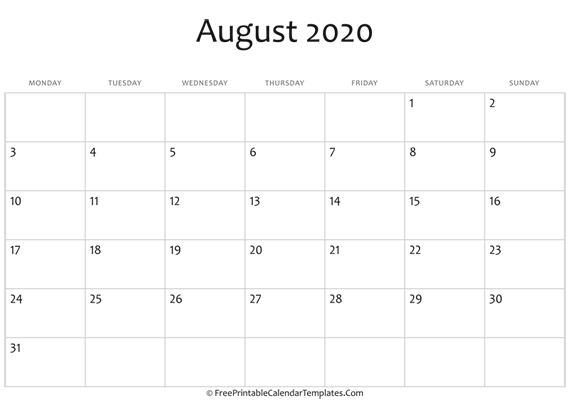 Fillable August Calendar 2020 (horizontal)