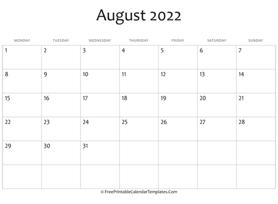 Fillable August Calendar 2022 (horizontal)