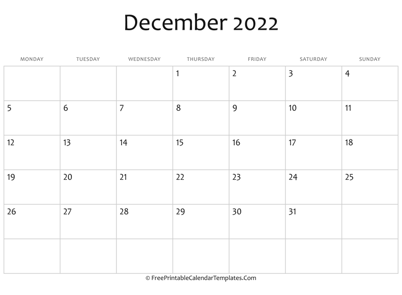 Fillable December Calendar 2022 Horizontal