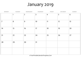 fillable january calendar 2019 horizontal
