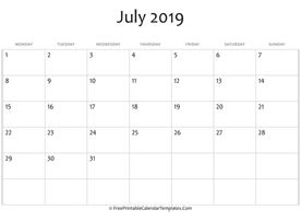 fillable july calendar 2019
