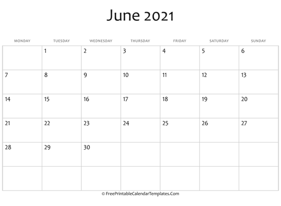 Fillable June Calendar 2021 (horizontal)
