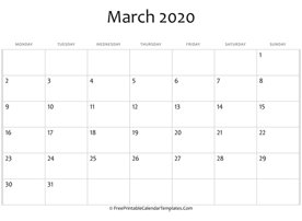 fillable march calendar 2020 horizontal