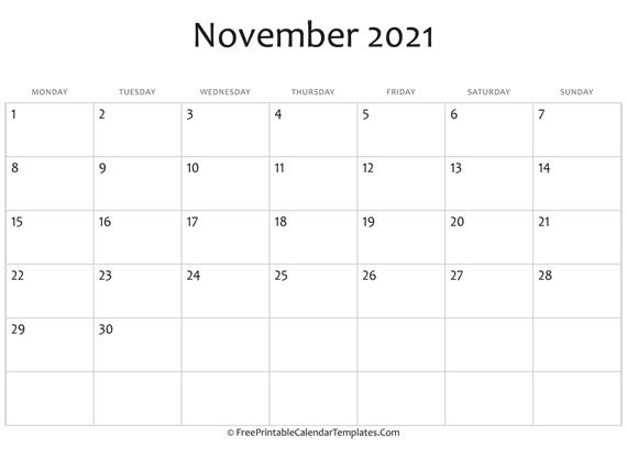 Fillable November Calendar 2021 (horizontal)